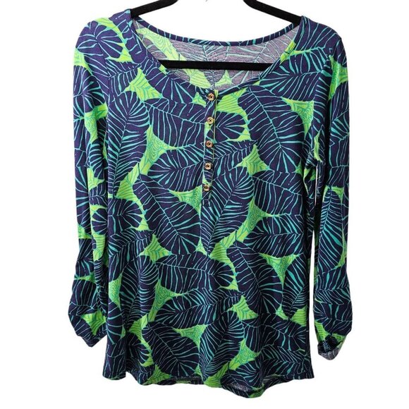 Lilly Pulitzer Tropical Top Size XS Green Palms Porter Henley Button Shirt - Picture 3 of 10
